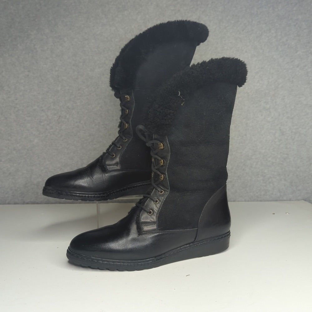 Vintage Italian Black Leather Lace Up Tall Winter Boots Faux Fur Women's 8